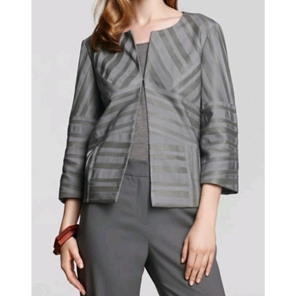 Lafayette 148 Gray Grosgrain & Leather Combo 3/4 Jacket Blazer Top Size 4